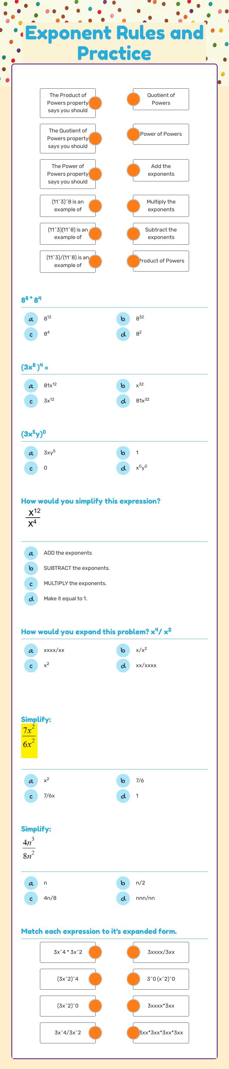 Exponent Rules     
and Practice Grade 8 worksheet preview