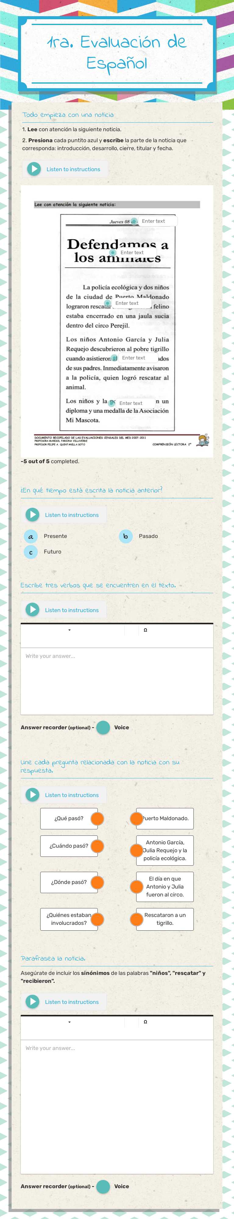 1ra. Evaluación de Español worksheet preview image
