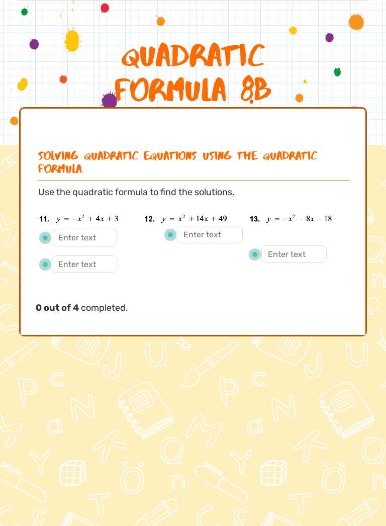 Quadratic Formula 8B worksheet preview image