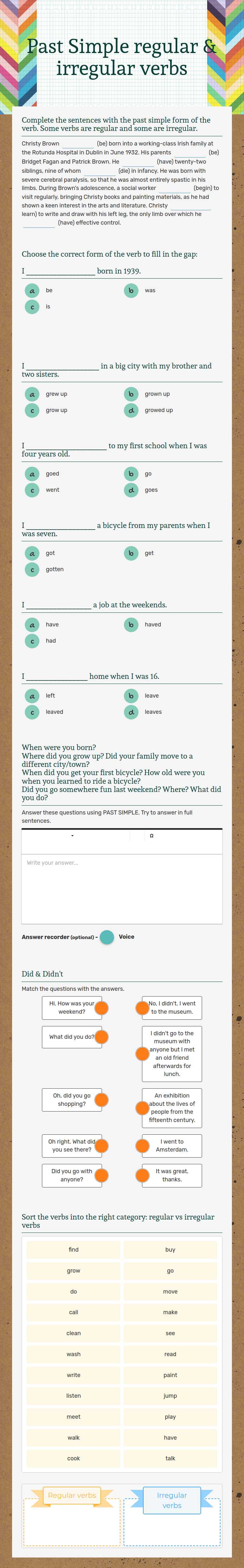 Past Simple regular & irregular verbs worksheet preview image