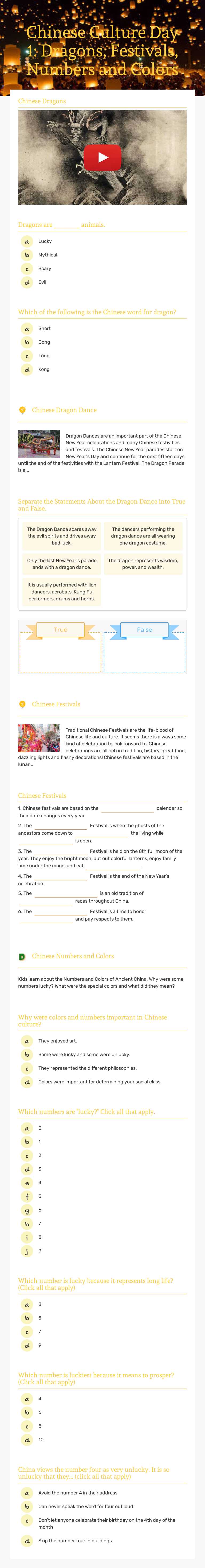Chinese Culture Day 1:      
Dragons, Festivals, Numbers  and Colors worksheet preview image