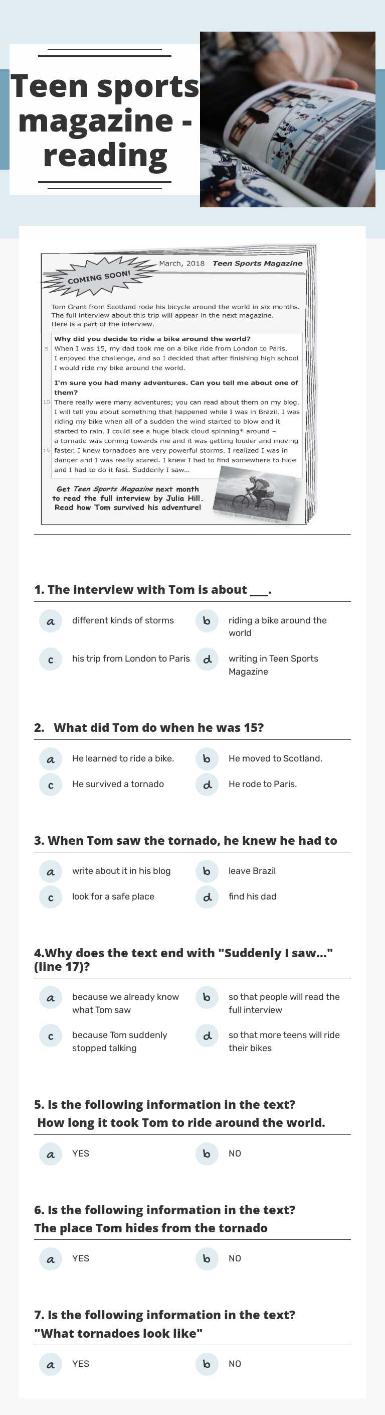 Teen sports magazine - reading worksheet preview image