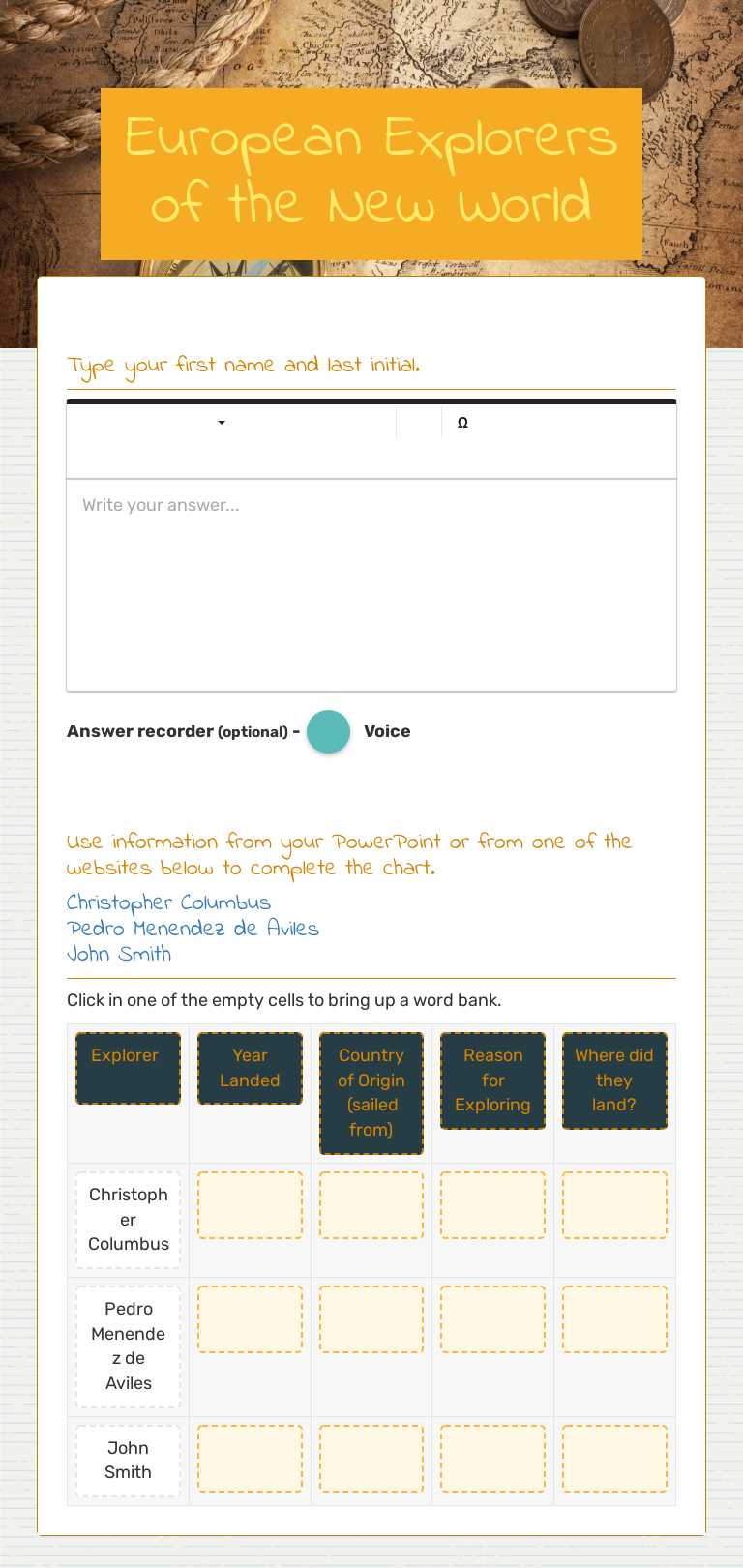 European Explorers of the New World worksheet preview image