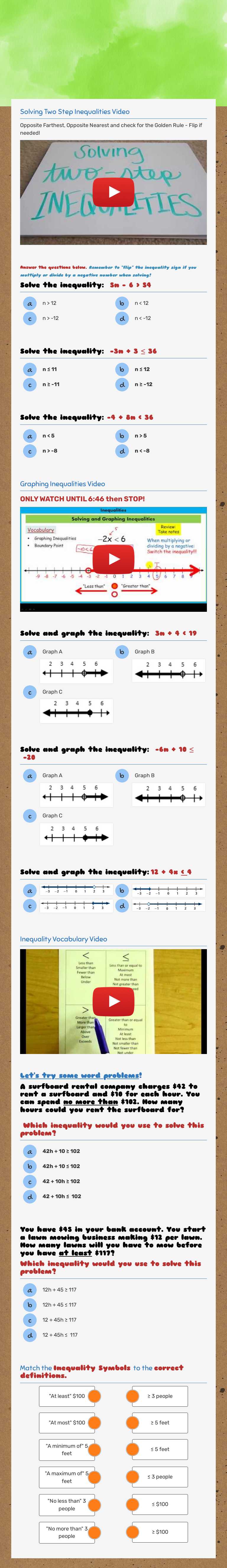 Inequalities Review Grade 7 worksheet preview