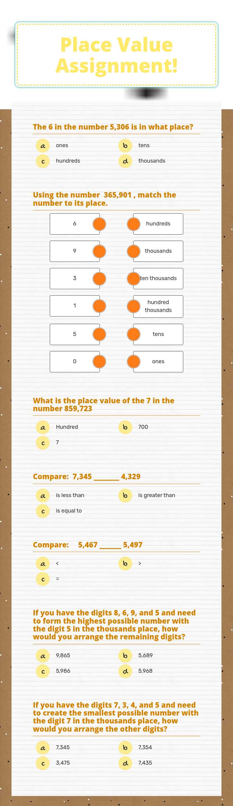 Place Value Assignment! worksheet preview image