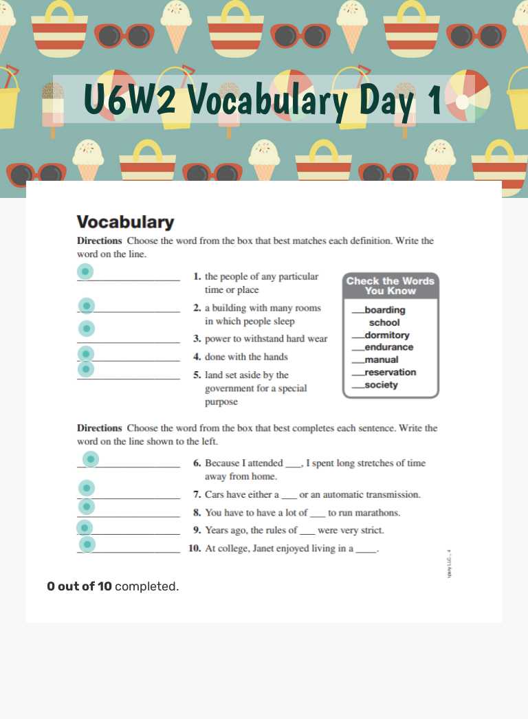 U6W2 Vocabulary Day 1 worksheet preview image