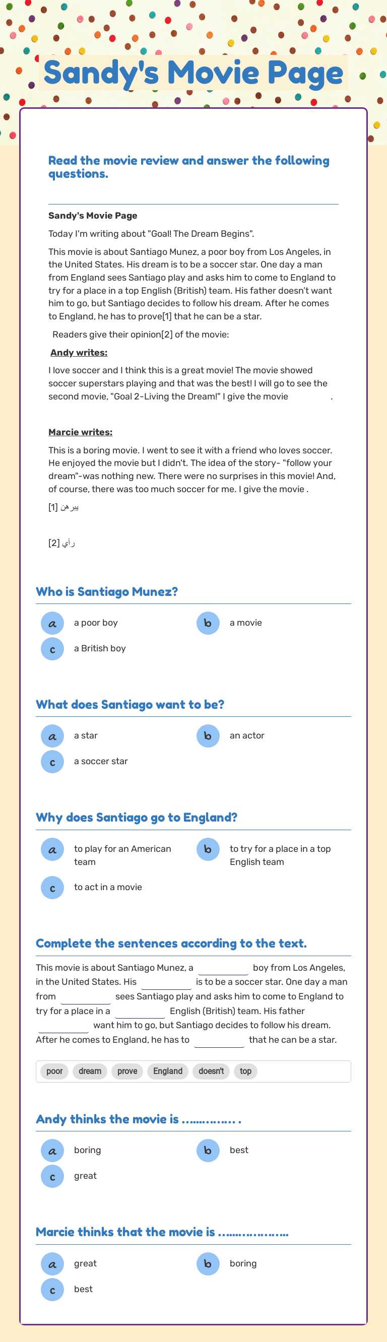 Sandy's Movie Page worksheet preview image