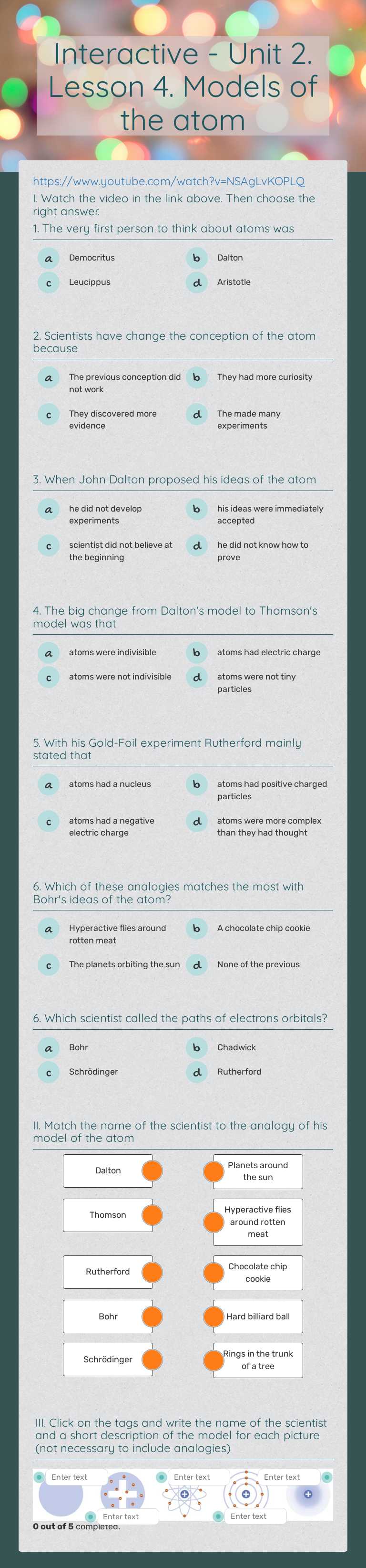 Interactive - Unit 2. Lesson 4. Models of the atom worksheet preview image