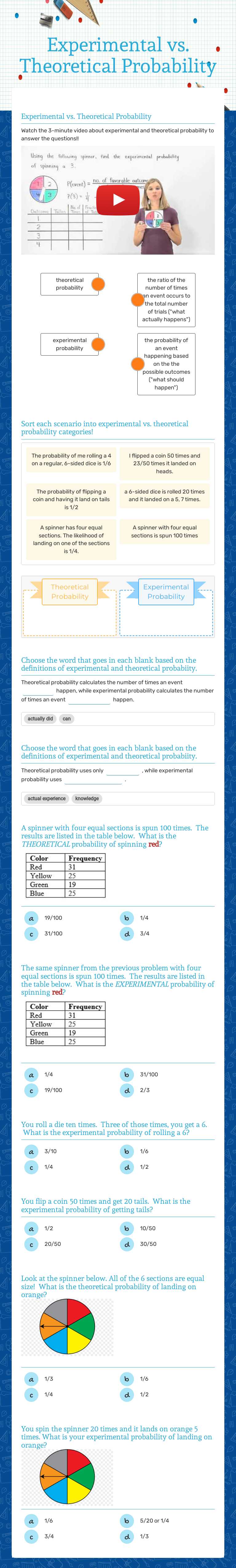 Experimental vs.
 Theoretical Probability worksheet preview image