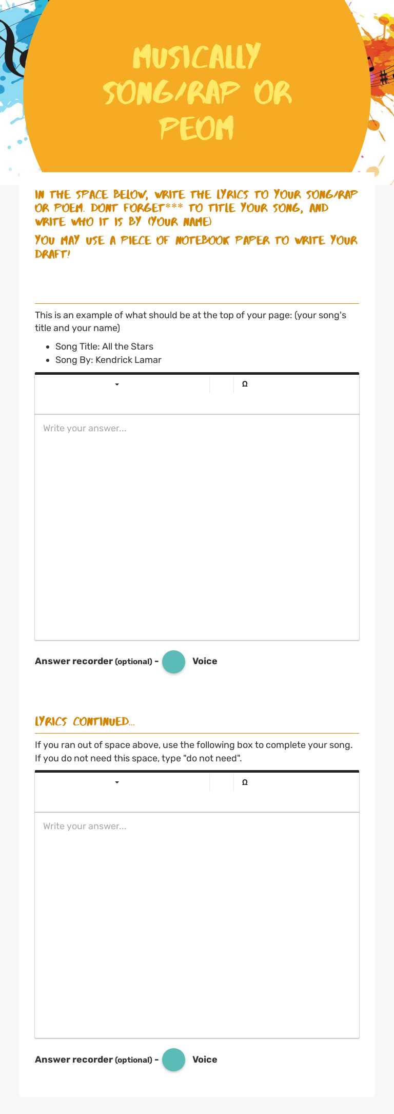 Musically Song/Rap or peom worksheet preview image