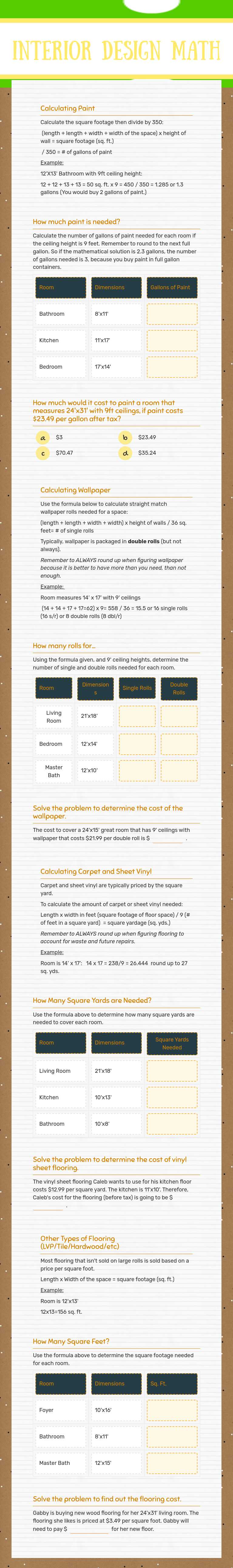 Interior Design Math worksheet preview image