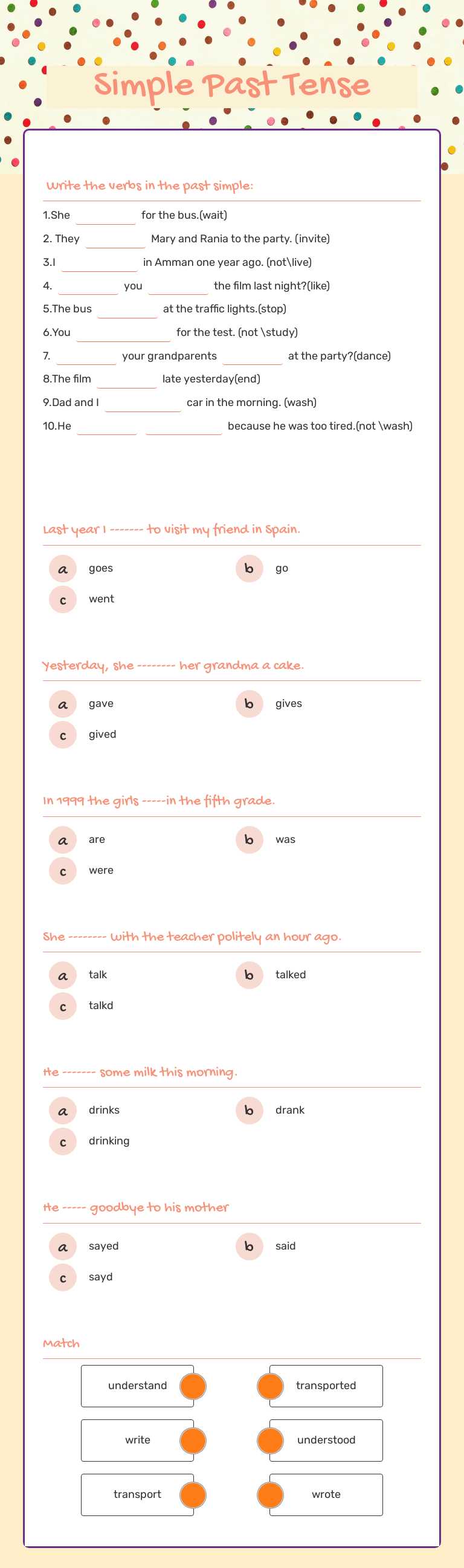 Simple Past Tense Grade 6 worksheet preview