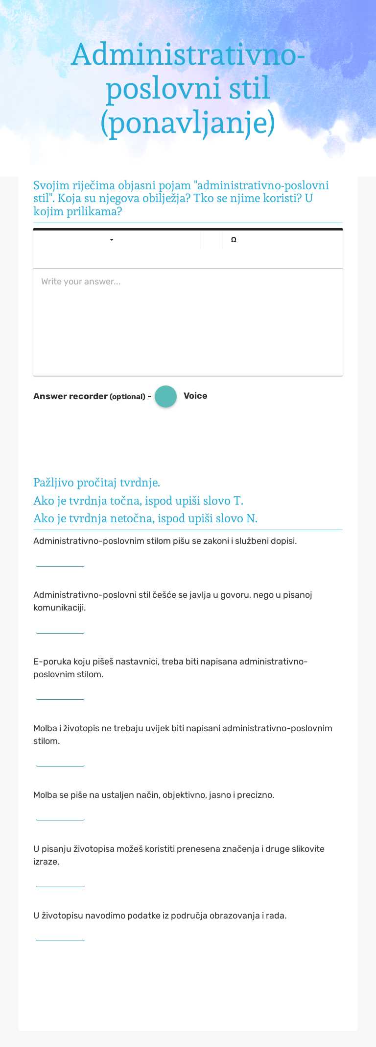 Administrativno-poslovni stil (ponavljanje) Grade 8 worksheet preview