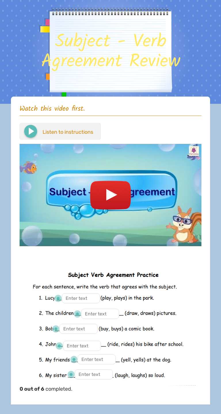 Subject - Verb Agreement Review worksheet preview image