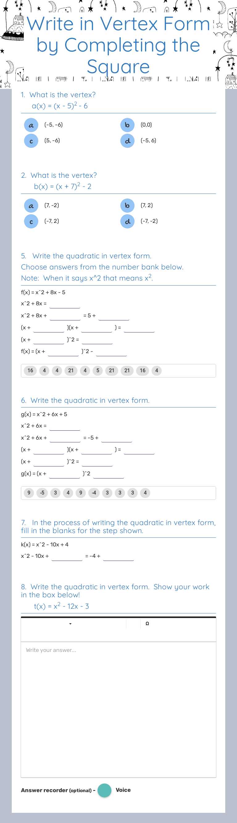 Write in Vertex Form by Completing the Square worksheet preview image