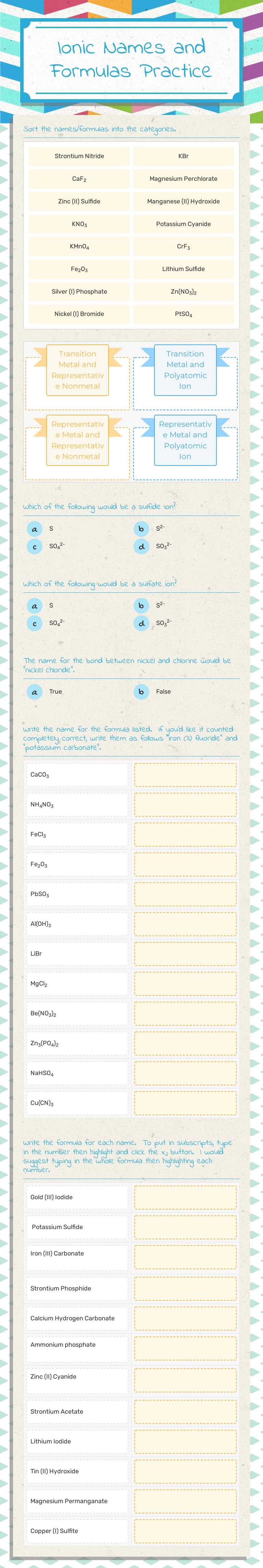 Ionic Names and Formulas Practice worksheet preview image