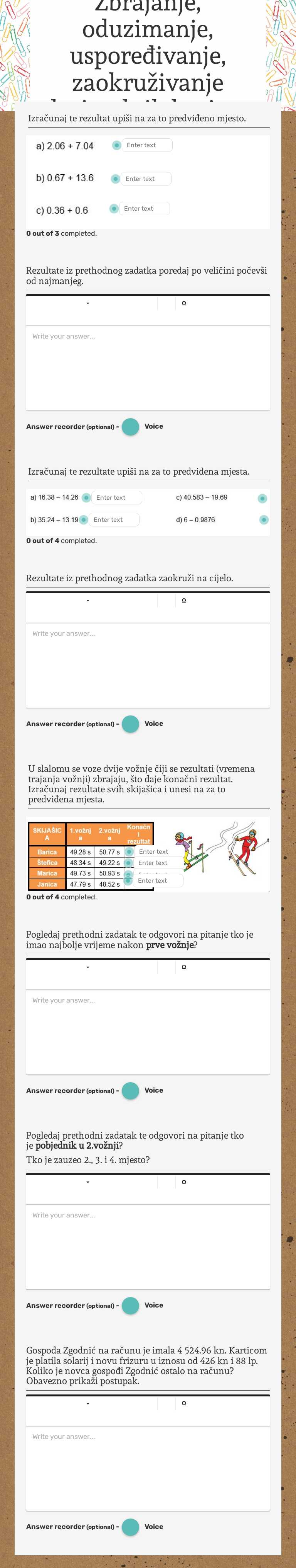 Zbrajanje, oduzimanje, uspoređivanje, zaokruživanje decimalnih brojeva worksheet preview image