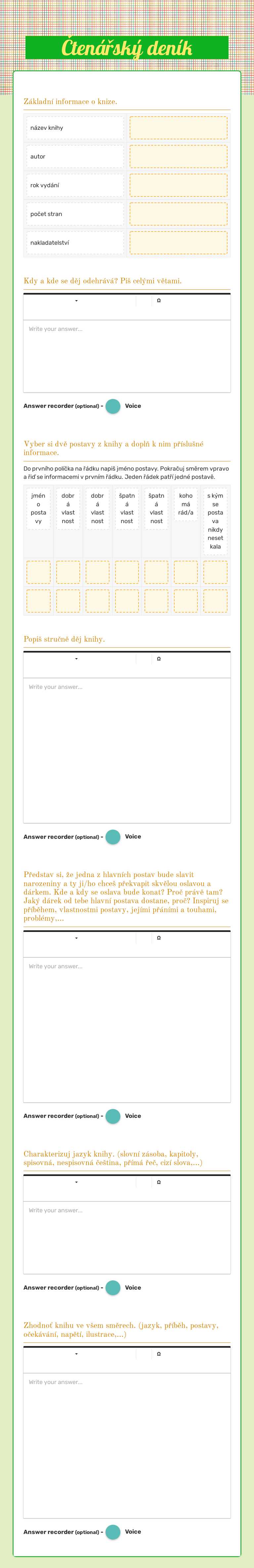 Čtenářský deník worksheet preview image