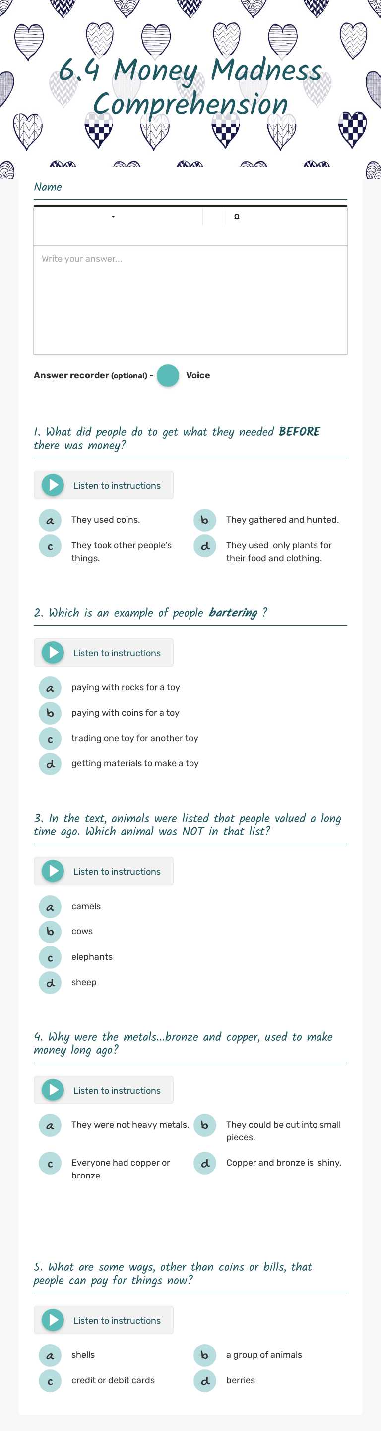 6.4 Money Madness Comprehension worksheet preview image