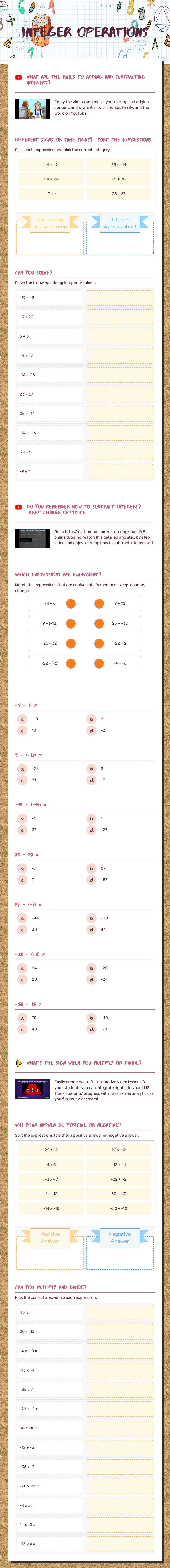 Integer Operations worksheet preview image