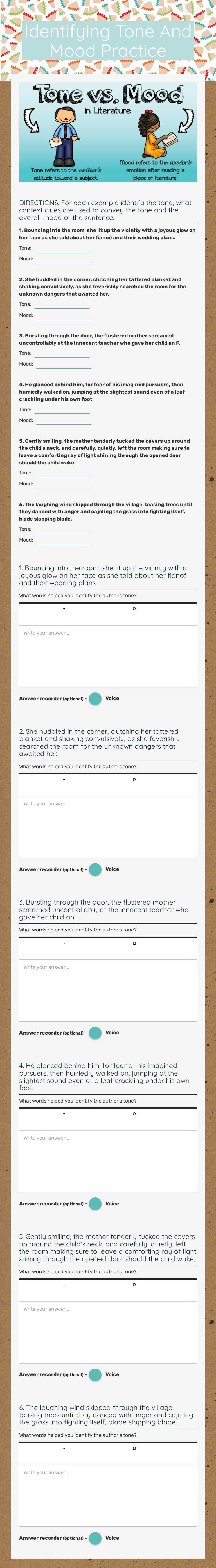 Identifying Tone And Mood Practice Grade 7 worksheet preview