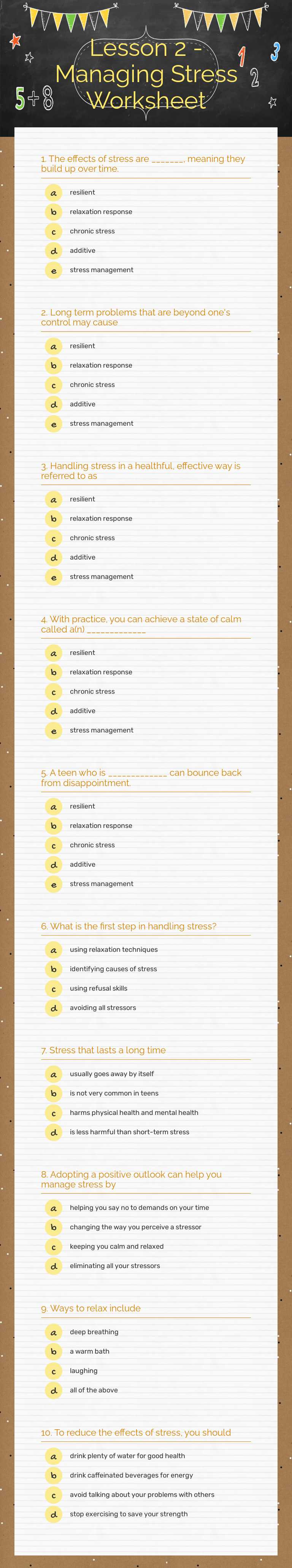 Lesson 2 - Managing Stress Worksheet worksheet preview image
