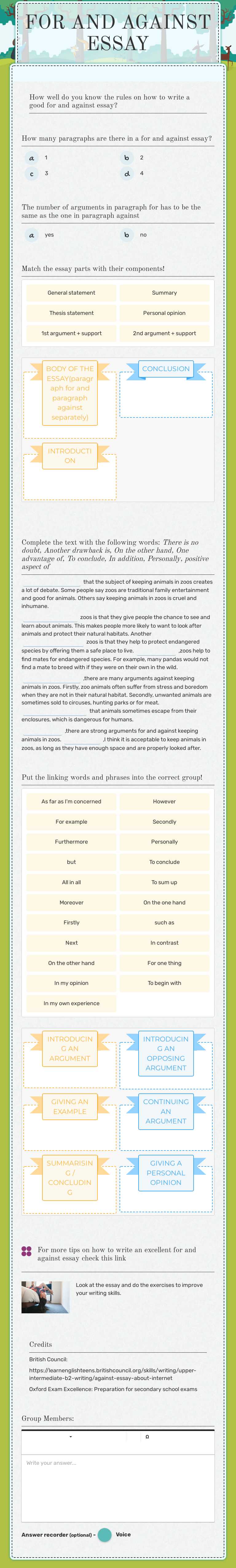 FOR AND AGAINST ESSAY Grade 11 worksheet preview