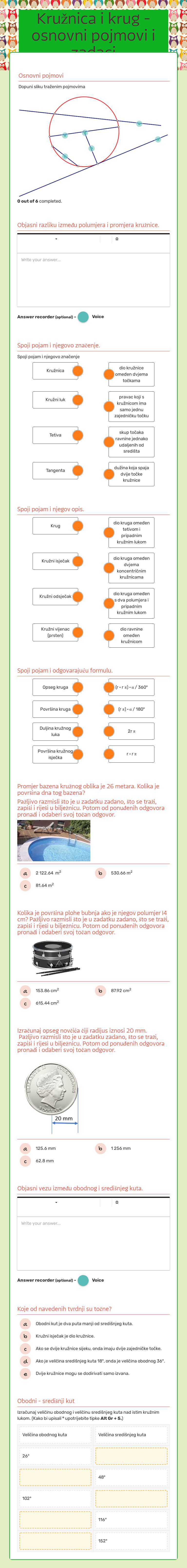 Kružnica i krug - osnovni pojmovi i zadaci worksheet preview image
