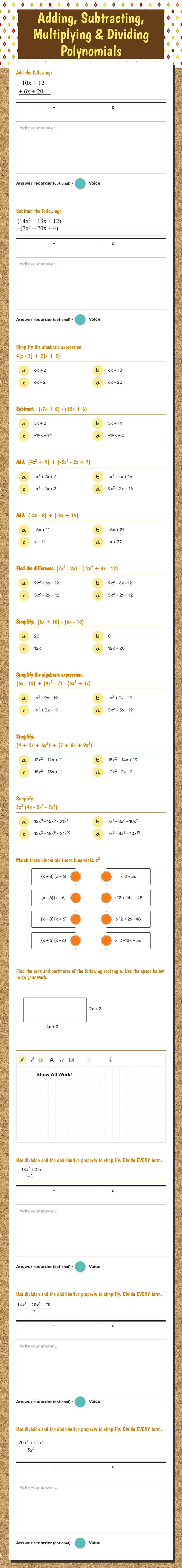 Adding, Subtracting, Multiplying & Dividing Polynomials worksheet preview image
