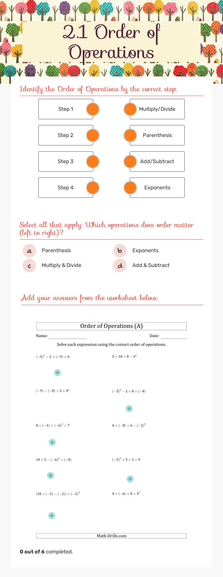 2.1 Order of Operations worksheet preview image