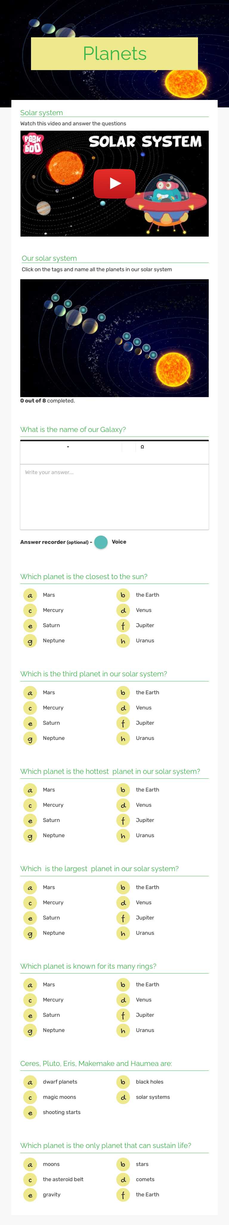 Planets worksheet preview image