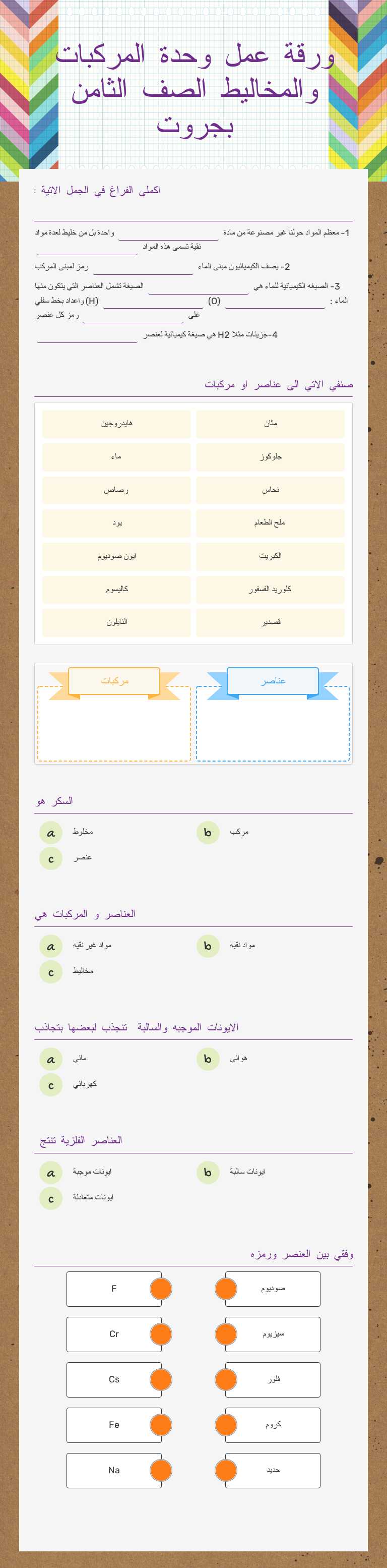ورقة عمل وحدة المركبات والمخاليط الصف الثامن بجروت worksheet preview image
