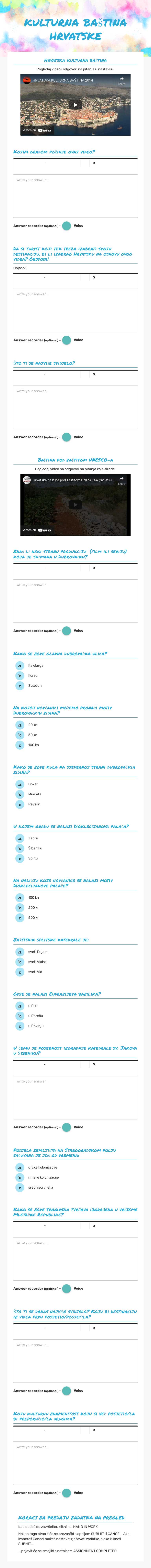 kulturna baština hrvatske Grade 8 worksheet preview