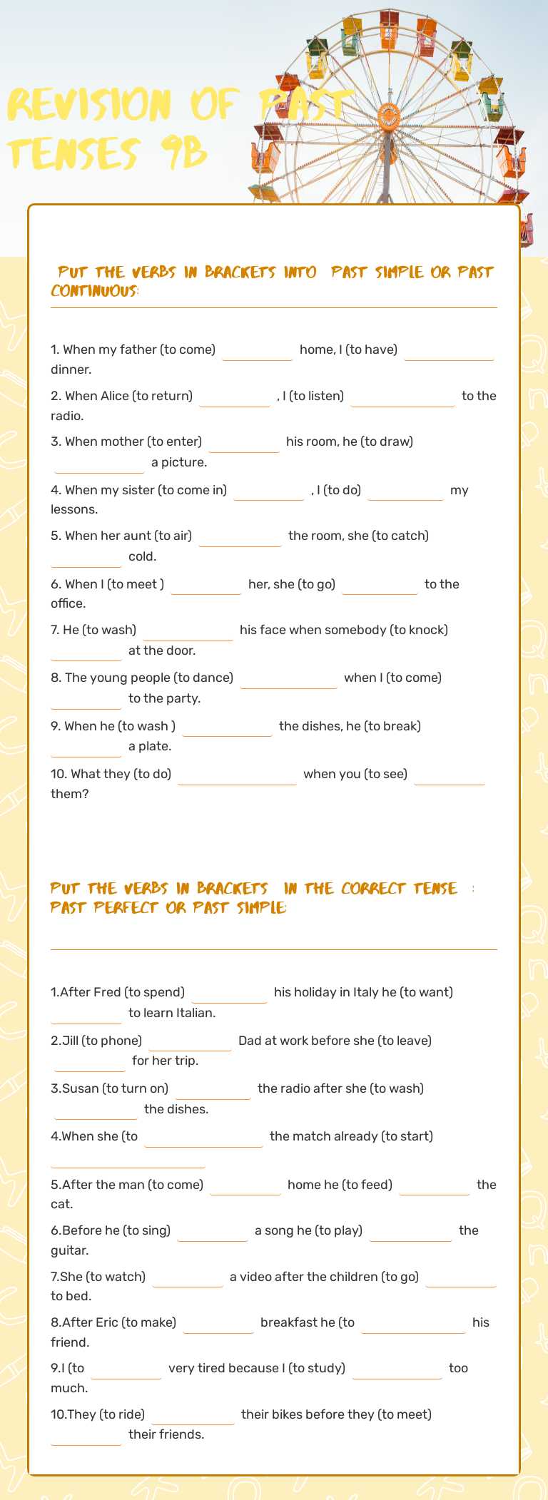 Revision of Past Tenses 9B Grade 9 worksheet preview