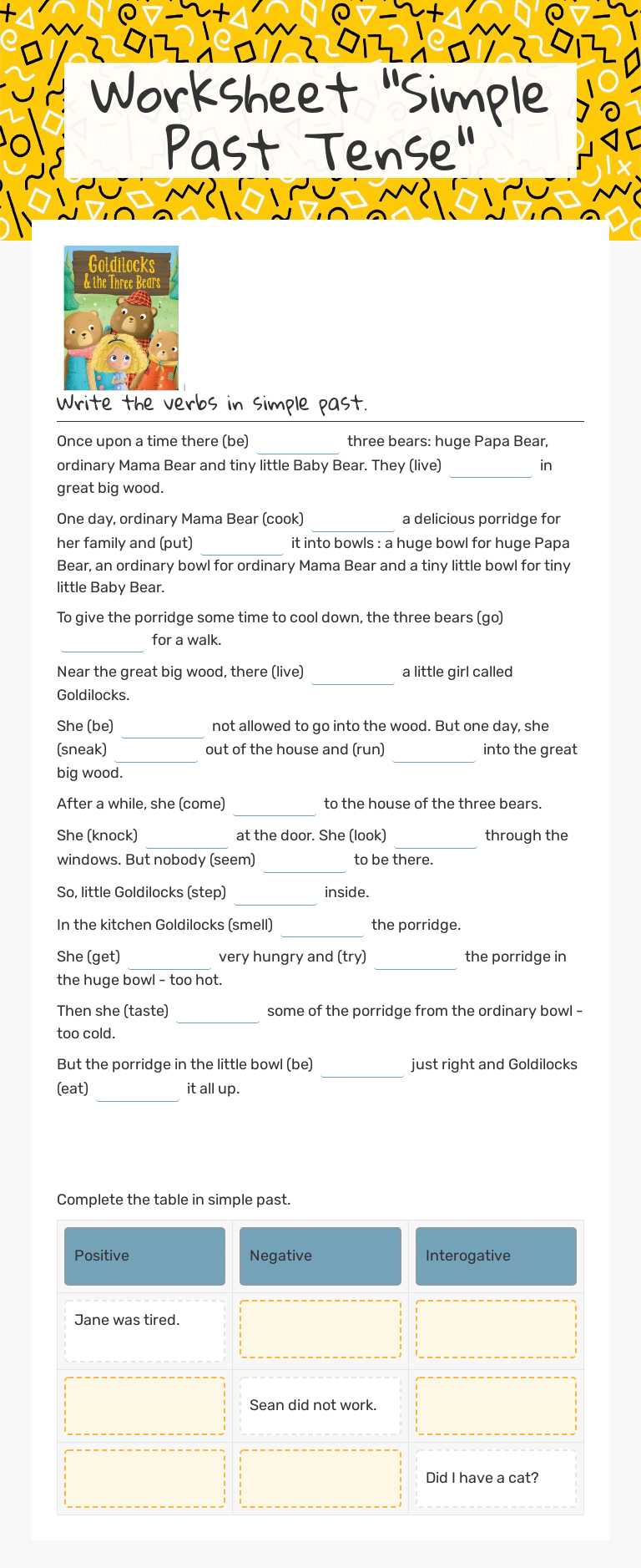 Worksheet "Simple Past Tense" Grade 7 worksheet preview