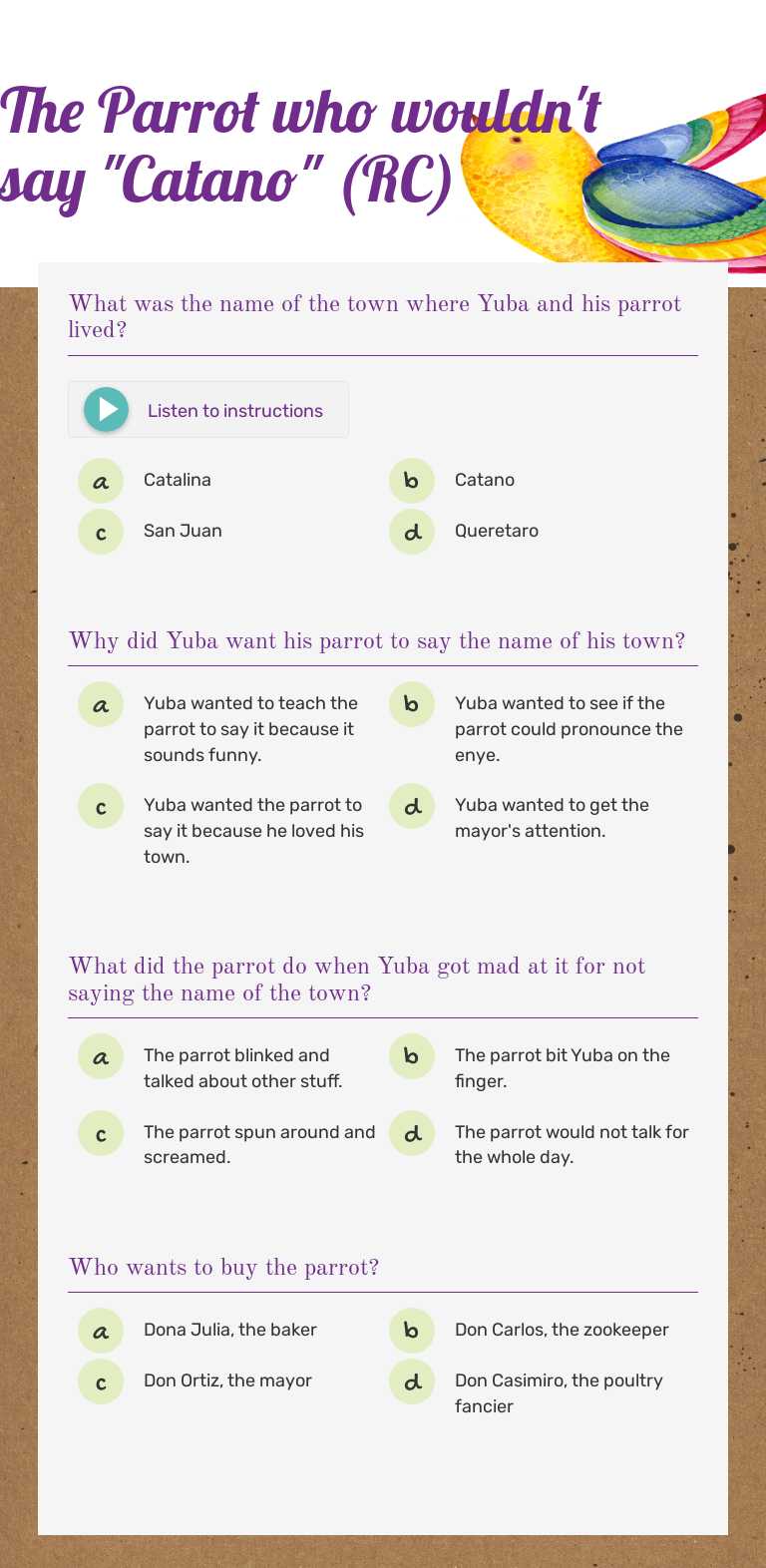 The Parrot who wouldn't say "Catano" (RC) Grade 10 worksheet preview