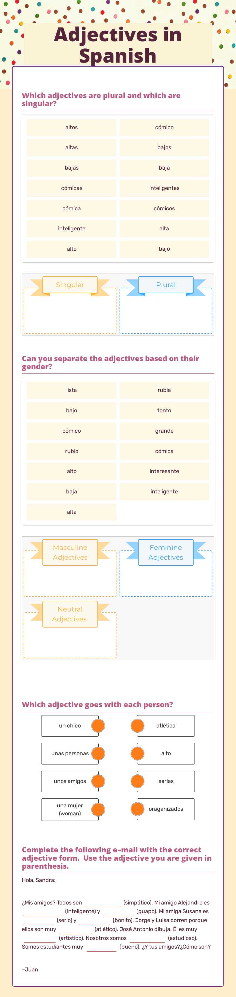 Adjectives in Spanish worksheet preview image