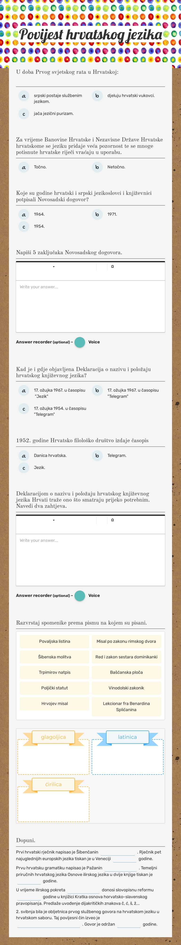 Povijest hrvatskog jezika Grade 8 worksheet preview