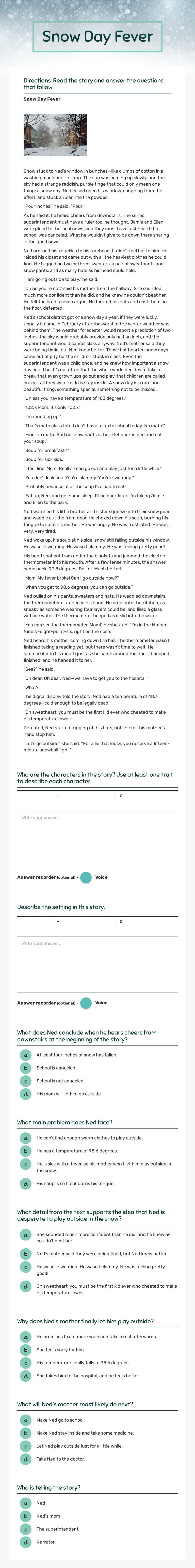 Snow Day Fever worksheet preview image