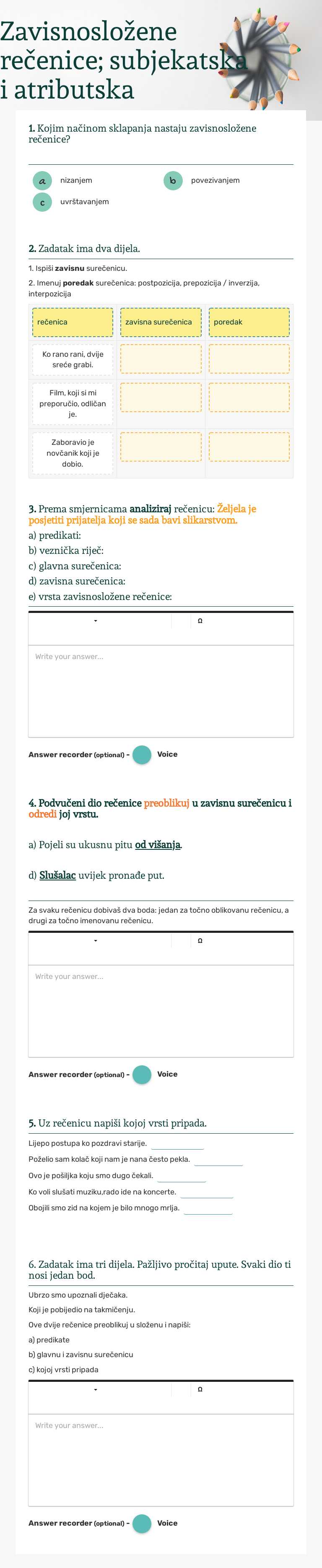 Zavisnosložene rečenice; subjekatska i atributska Grade 7 worksheet preview