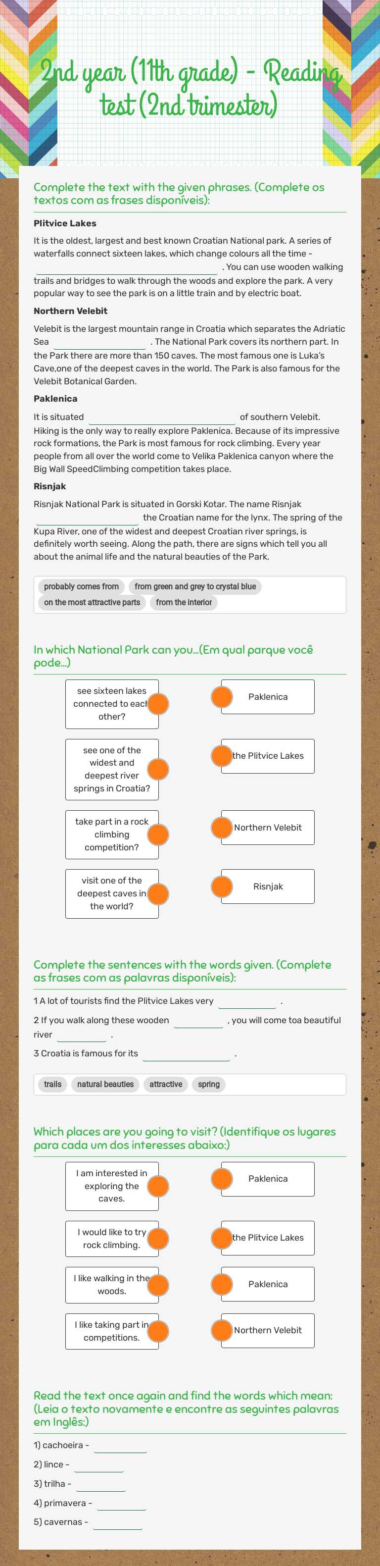 2nd year (11th grade) - Reading test (2nd trimester) worksheet preview image