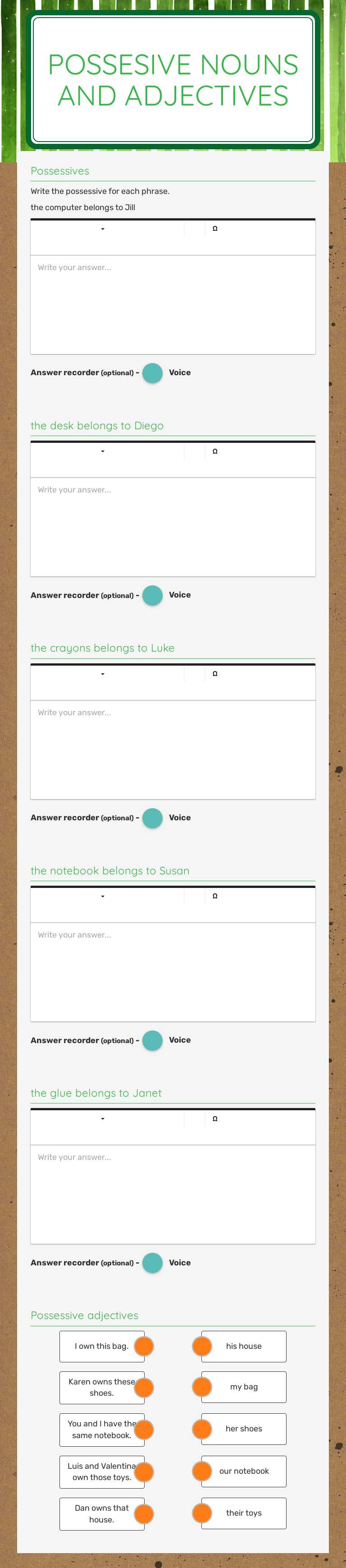 Possesive Nouns and Adjectives Grade 5 worksheet preview
