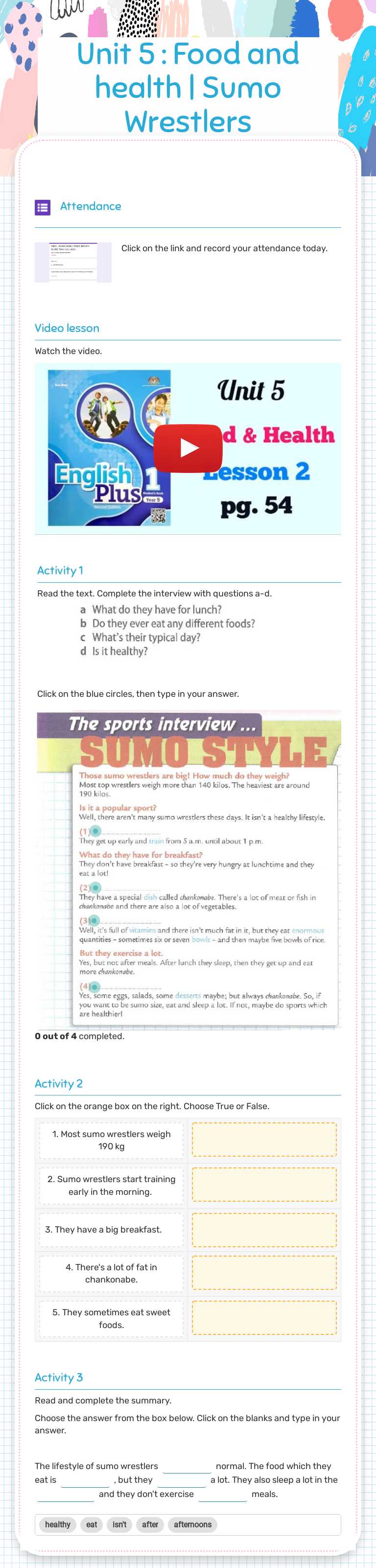 Unit 5 : Food and health | Sumo Wrestlers Grade 5 worksheet preview