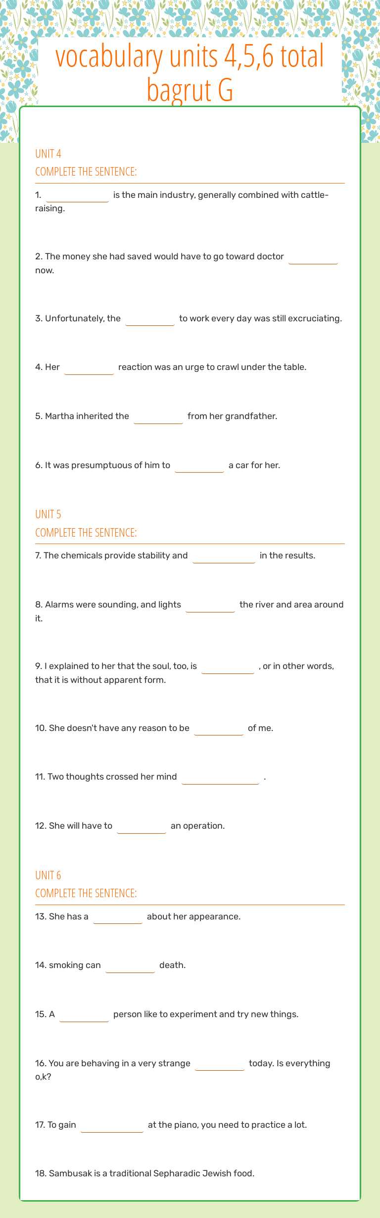 vocabulary units 4,5,6 total bagrut G worksheet preview image