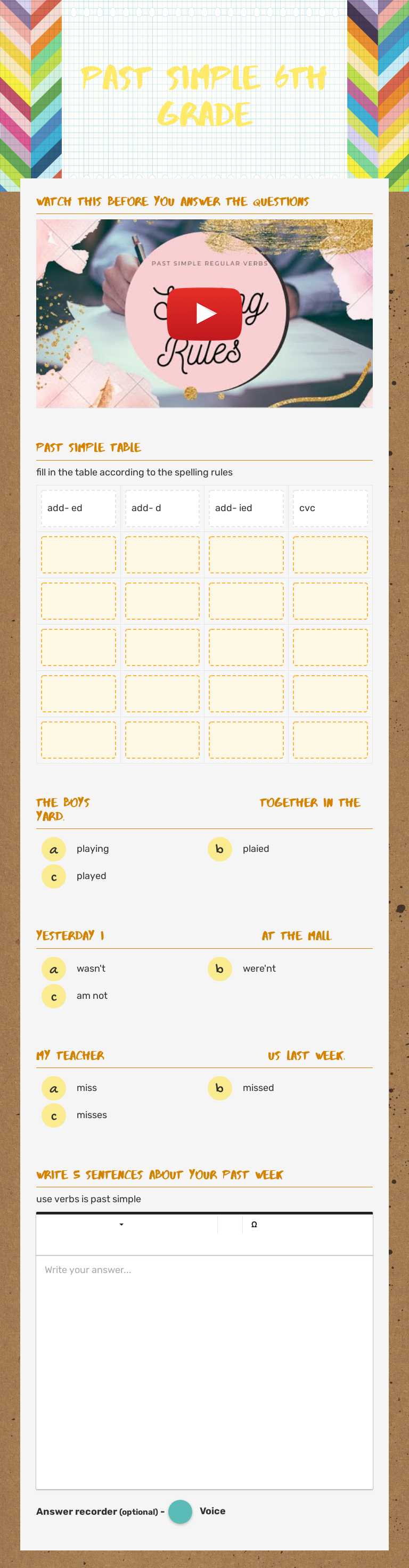 past simple 6th grade worksheet preview image