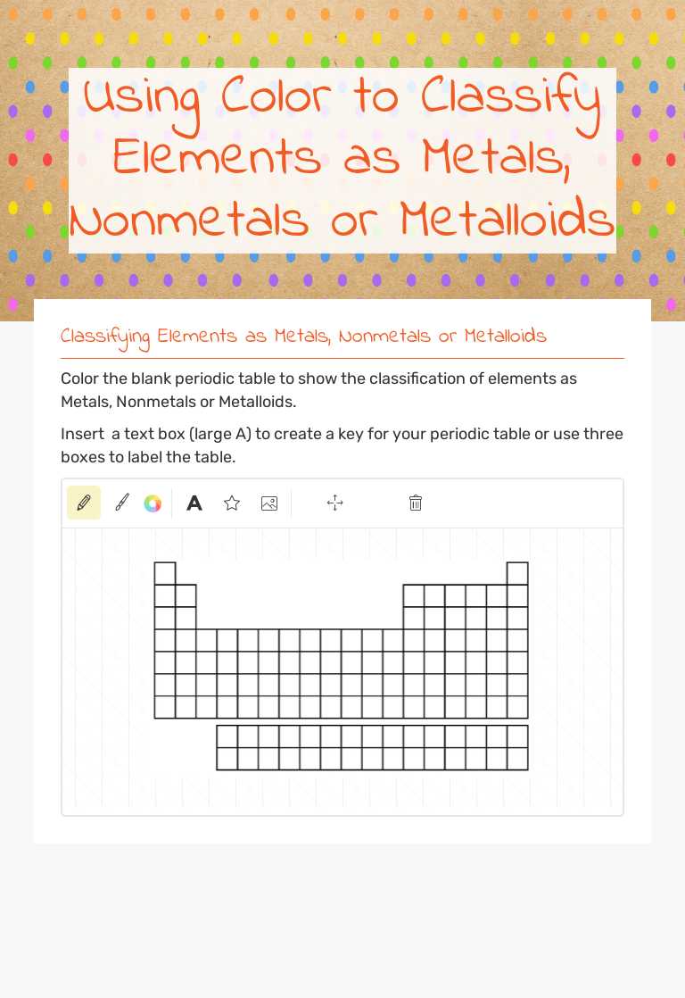 Using Color to Classify Elements as Metals, Nonmetals or Metalloids worksheet preview image