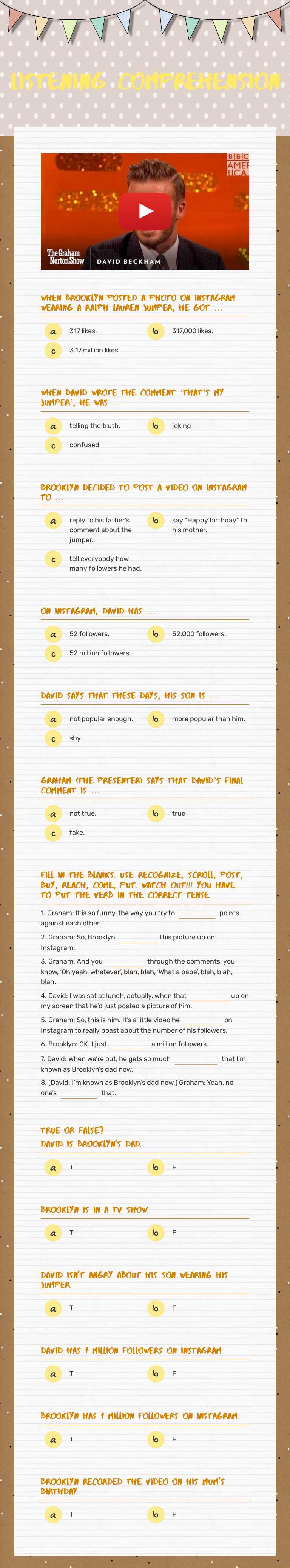 Listening comprehension worksheet preview image