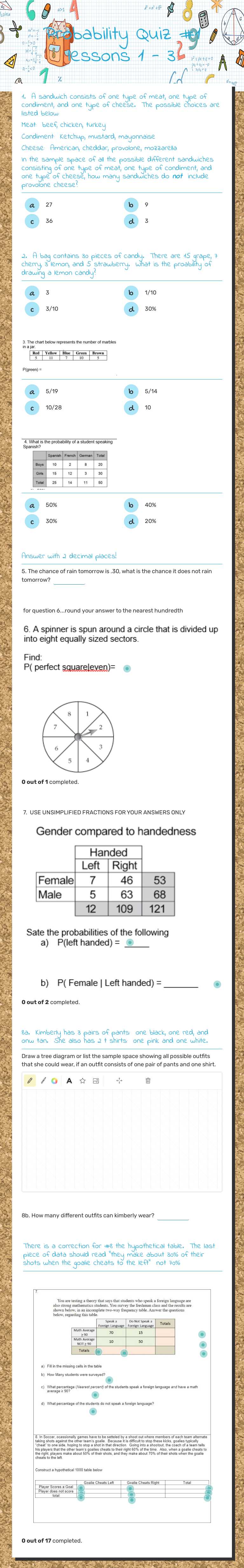 Probability Quiz #1     lessons 1 - 3 worksheet preview image