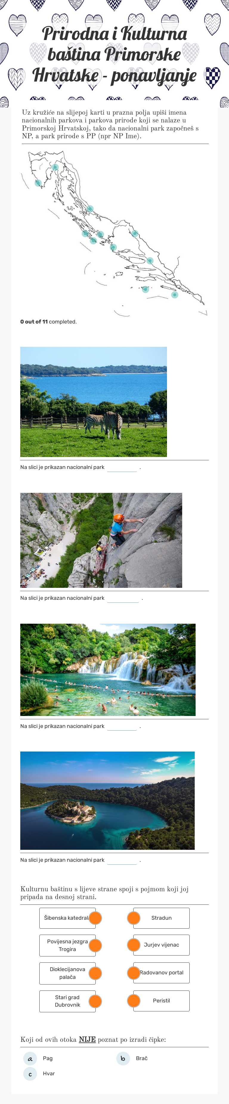 Prirodna i Kulturna baština Primorske Hrvatske - ponavljanje worksheet preview image