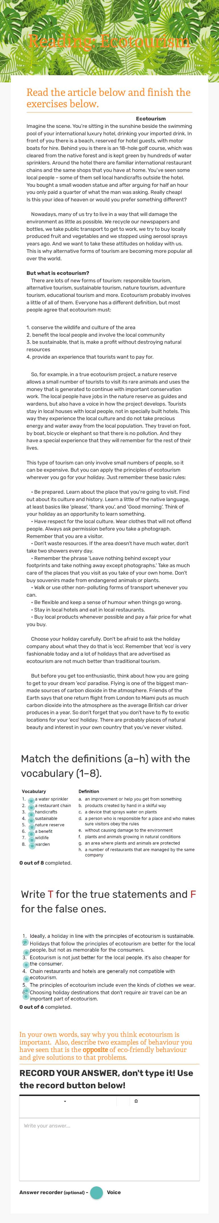 Reading: Ecotourism worksheet preview image